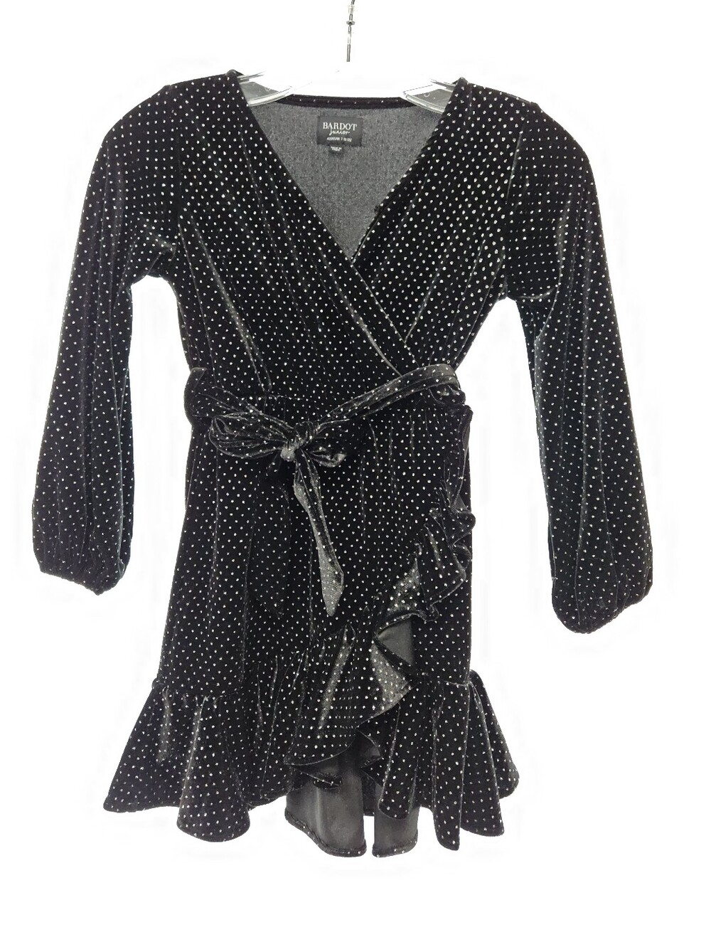 Bardot Junior Black Velvet Silver Polka Dot Faux Ruffle Wrap Dress Sz Child 7